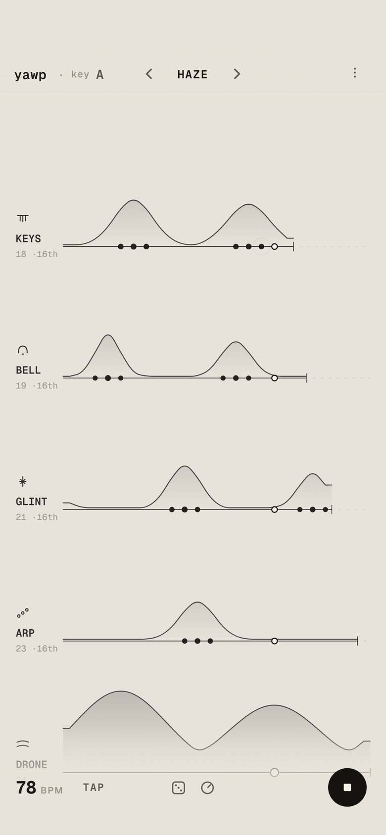 Keys, bell, glint, arp and drone on loops of different lengths