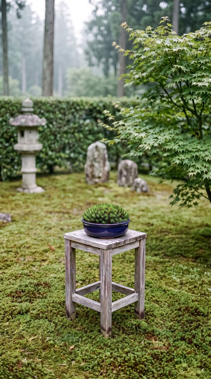 Sugi-goke in a round lapis-glazed pot on the stand